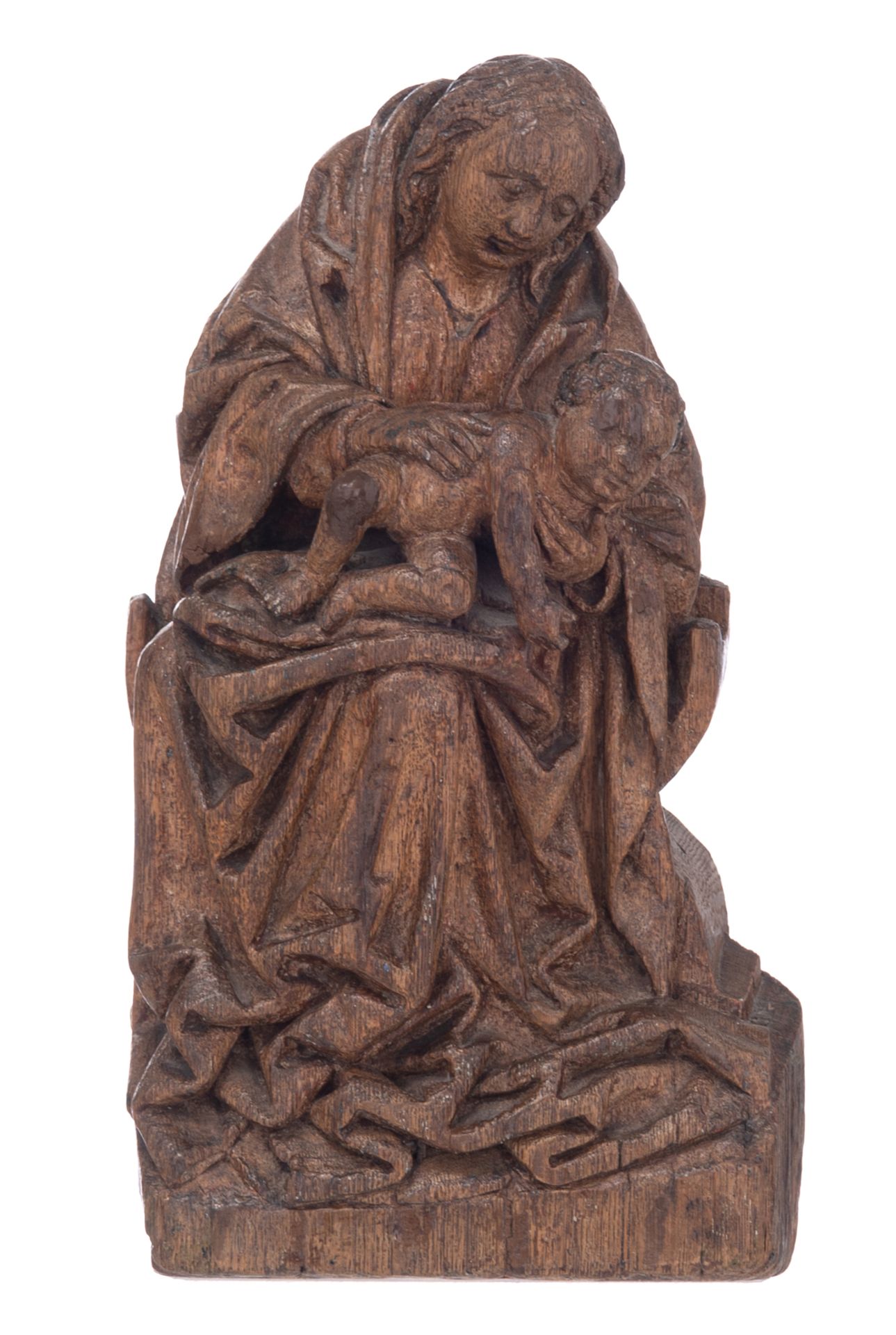 A very fine carved late 15th/early 16thC oak sculpture depicting the Holy Mother and Child, Southern