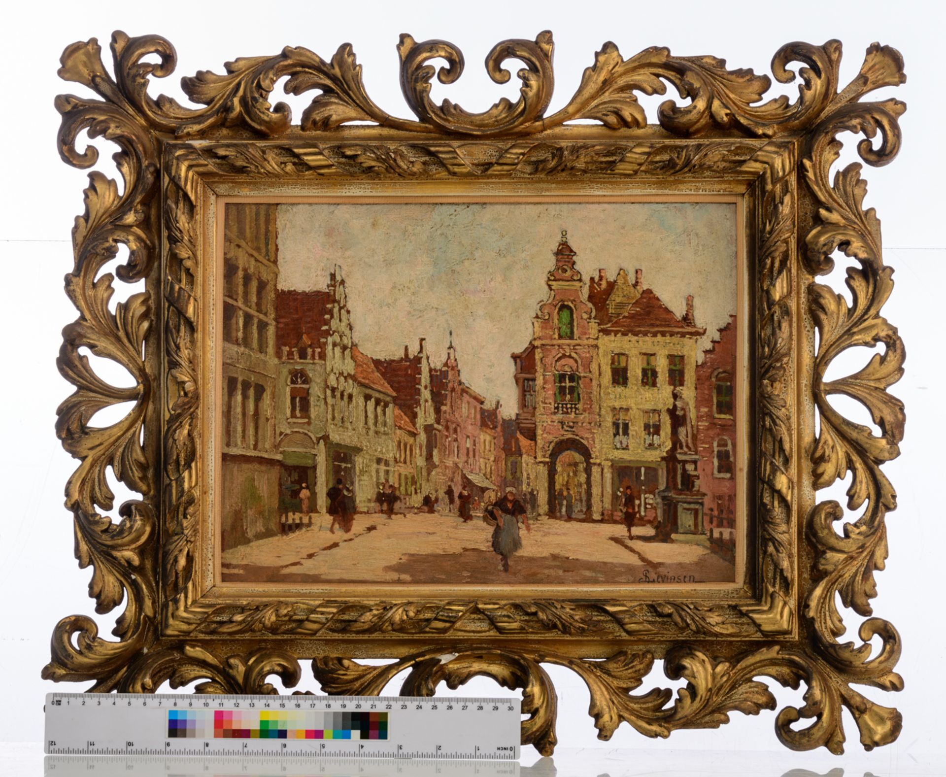 Lievinsen S., a view on the 'Nepomucenusbrug' in Bruges, oil on board, in an imposing Baroque style - Image 5 of 5