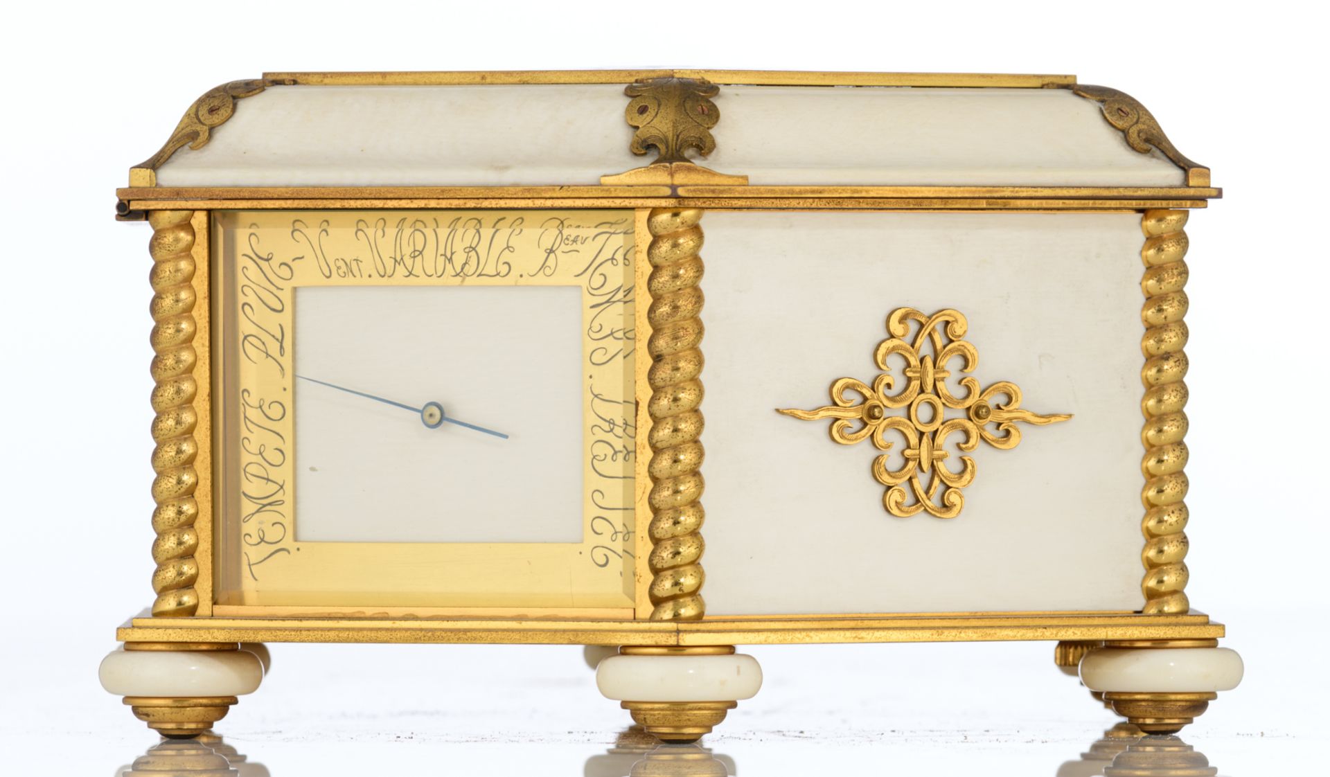A combined hexagonal box containing a jewelry store-compartment, a table clock and a barometer, gilt - Image 5 of 9