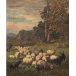 Monogrammed Louis Robbe, a shepherd and his flock of sheep, oil on canvas with a wax seal mark to th