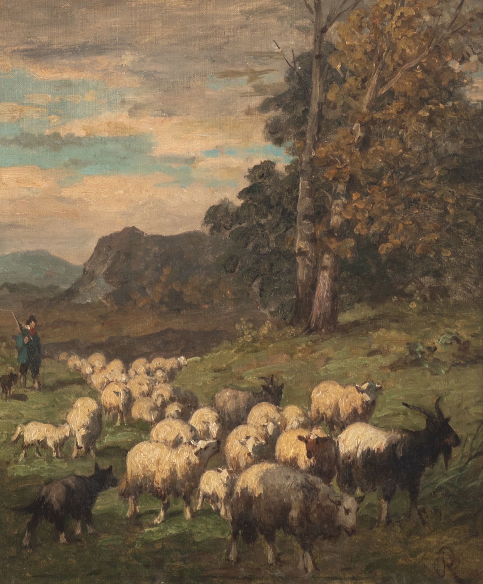 Monogrammed Louis Robbe, a shepherd and his flock of sheep, oil on canvas with a wax seal mark to th