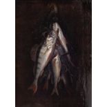 No visible signature, a still life depicting roaches on a hook, oil on an oak panel, Low Countries,