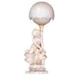 An alabaster and Carrara marble table lamp, decorated with the sculpture of a girl playing with a ki