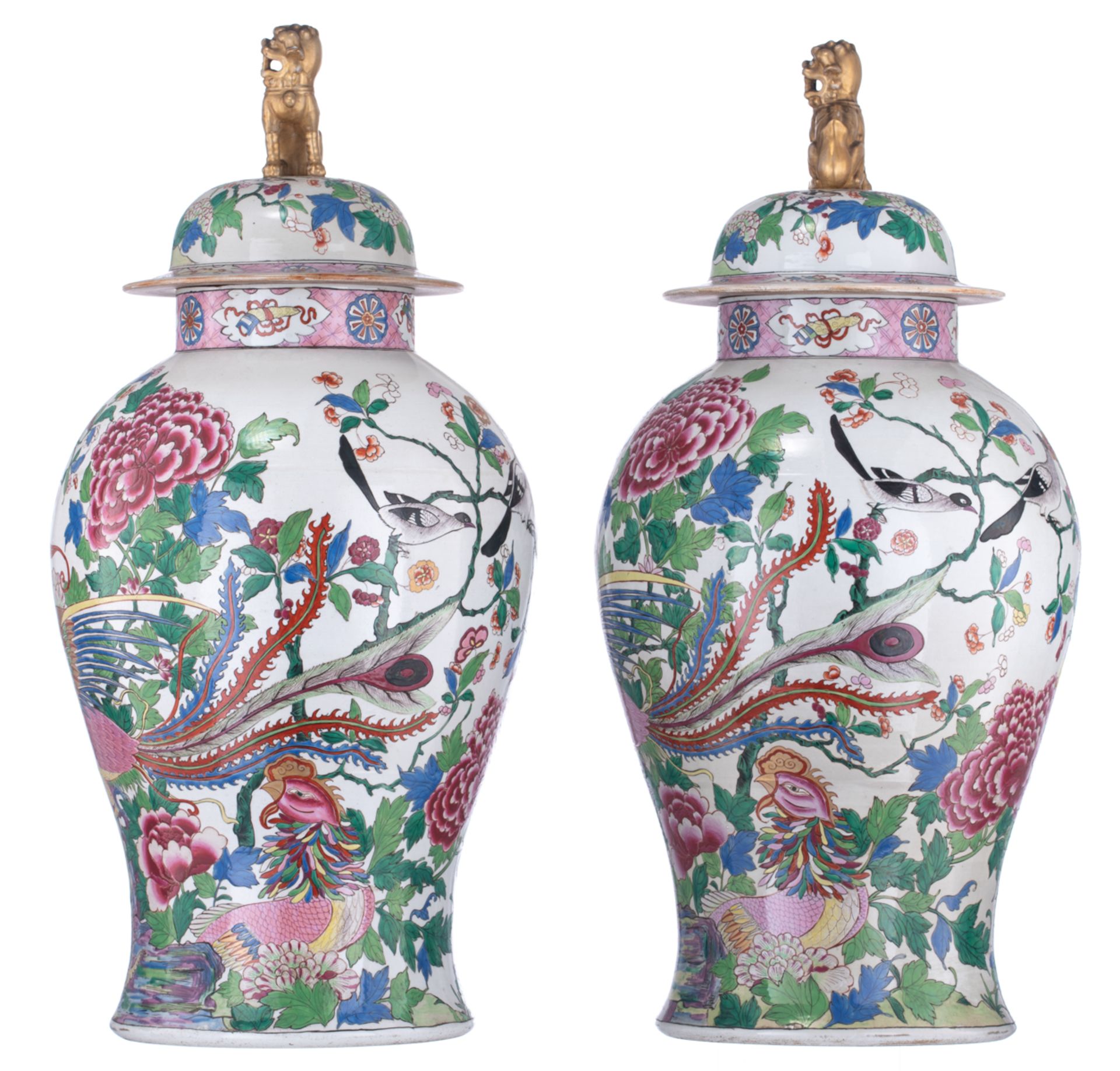 A large pair of covered famille rose Samson vases, decorated with birds and griffons in a floral set - Image 2 of 8