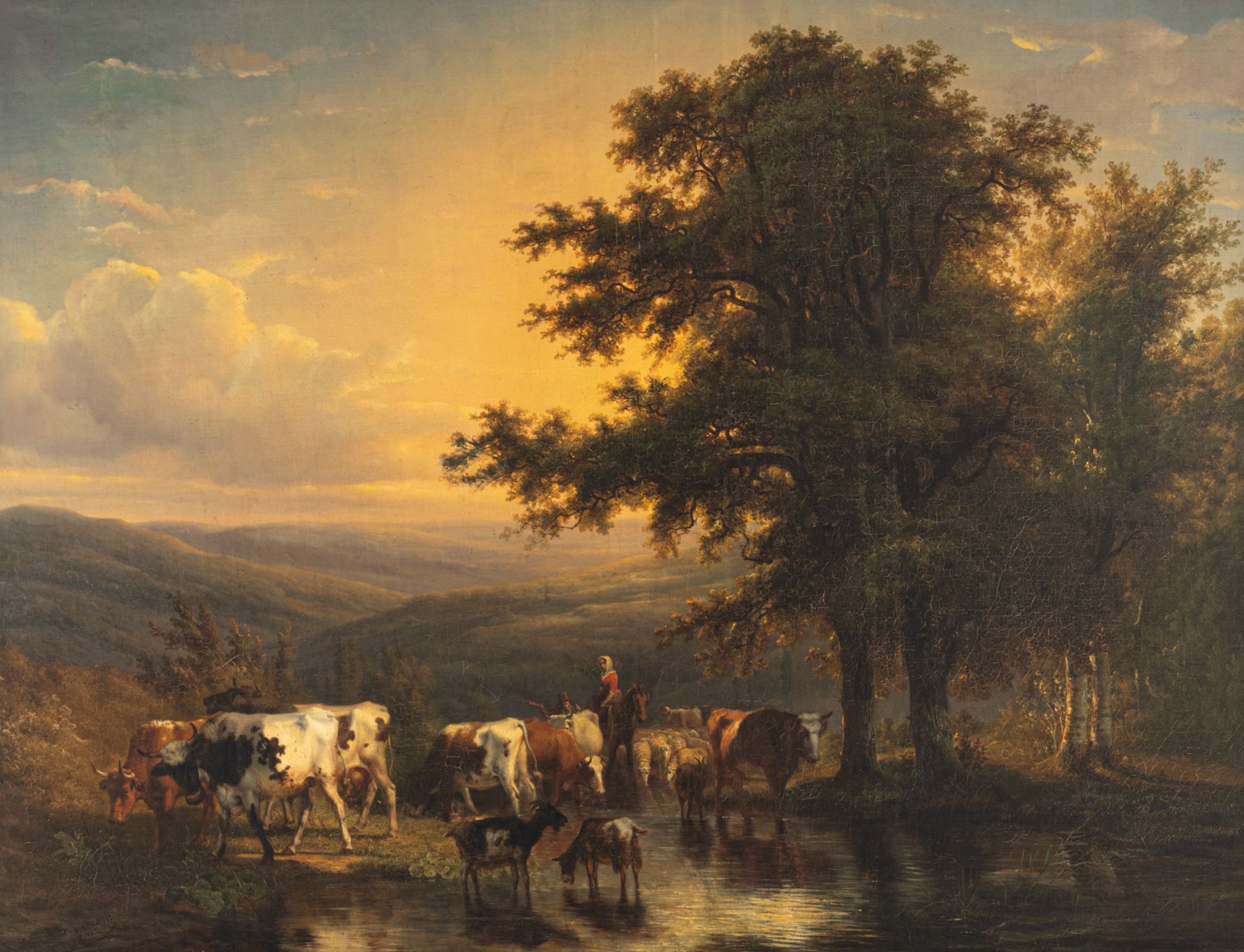 Stocquart I., shepherds and their cattle near the pond, with inscription 'Antwerpen' and dated 1849,