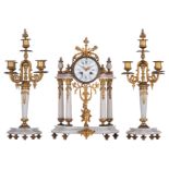 A fine gilt bronze and Carrara marble Neoclassical three-piece clock garniture, the inside mechanism