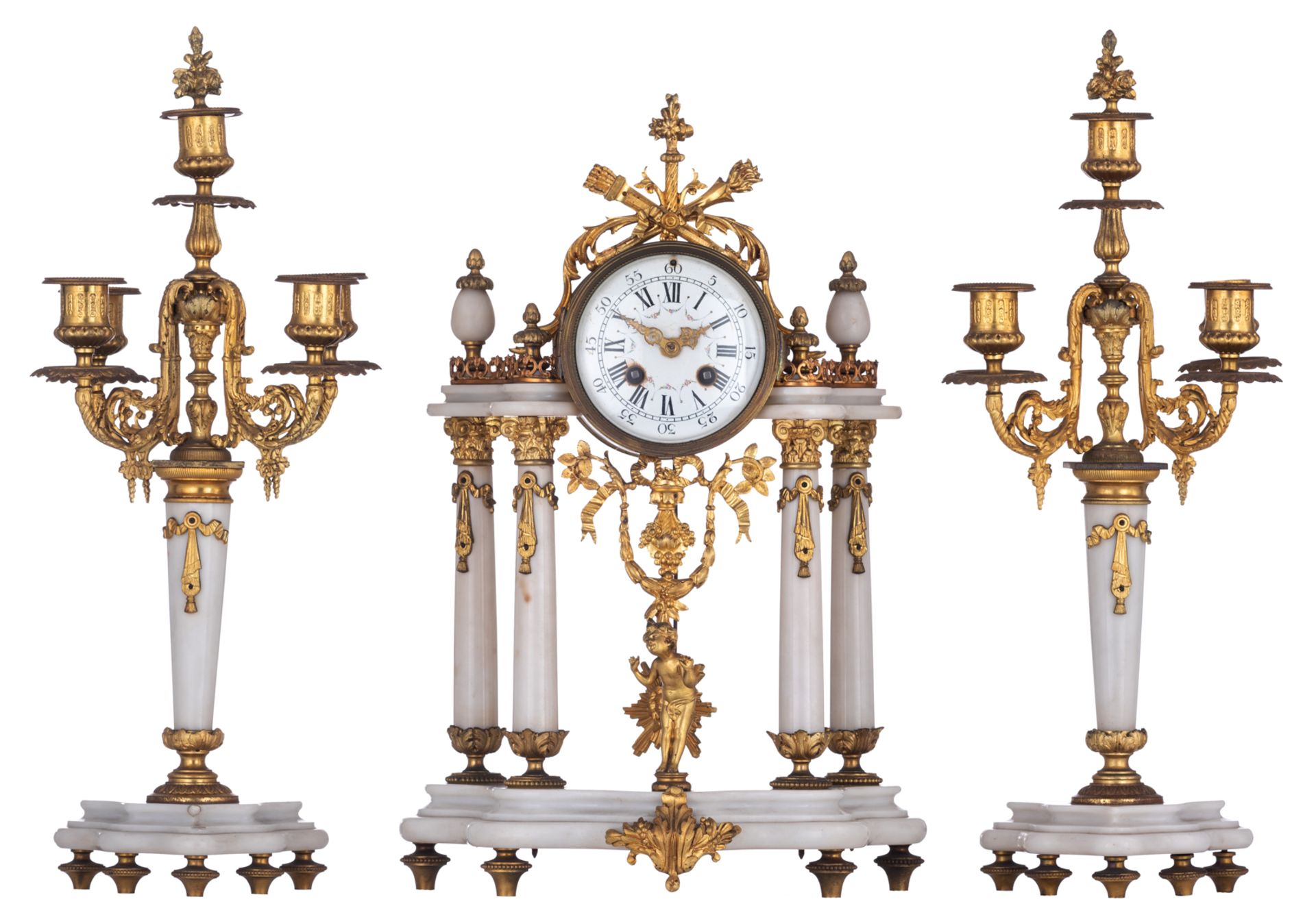 A fine gilt bronze and Carrara marble Neoclassical three-piece clock garniture, the inside mechanism