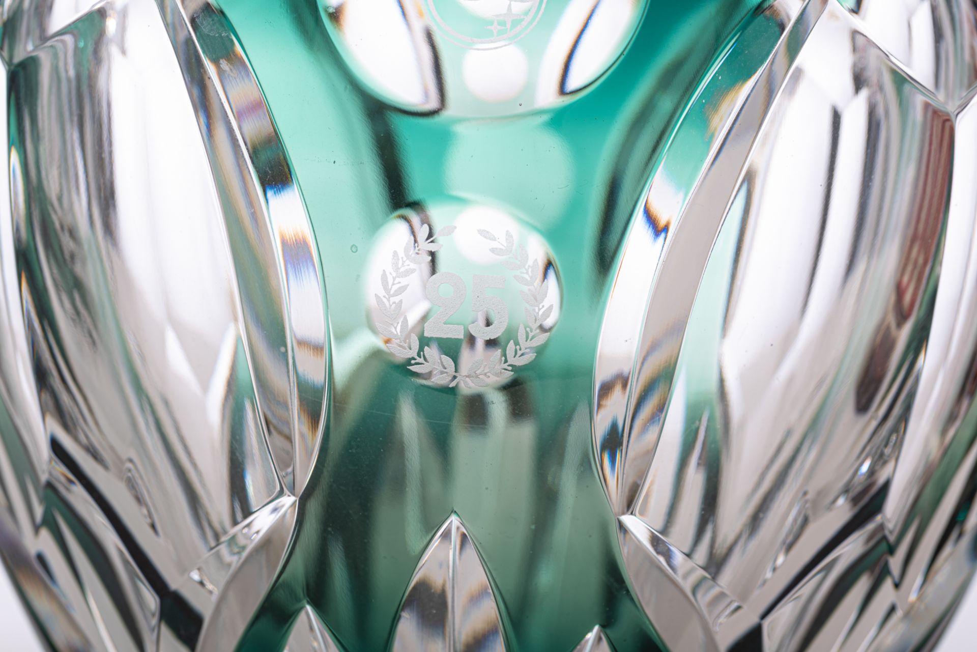 Two crystal cut green overlay Val-Saint-Lambert vases, one dedicated 'In Honour of the 25th annivers - Image 13 of 15