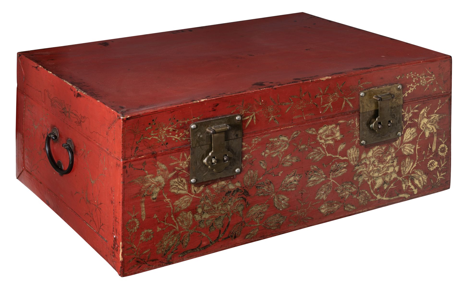 An Oriental red lacquered storage trunk, the front gilt decorated with birds and flower branches, th
