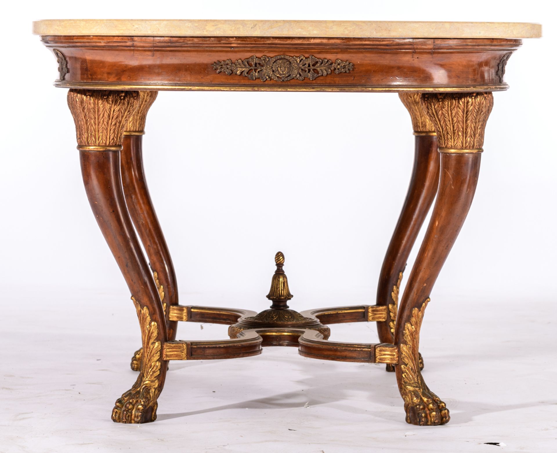 A gilt and mahogany veneered French Restauration style centre table, on claw-and-ball feet, with gil - Image 3 of 6