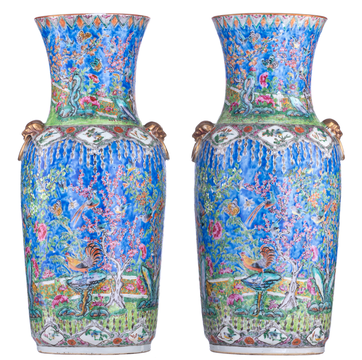 A pair of Chinese famille rose vases, decorated with phoenix and birds in flower branches, paired wi