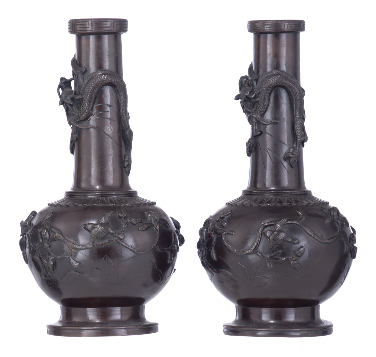 A pair of East Asian patinated bronze vases, relief decorated with a dragon and birds sitting on bra - Image 2 of 5