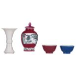 A Chinese white-glazed gu-shaped porcelain miniature vase; added a ruby ground export porcelain tea