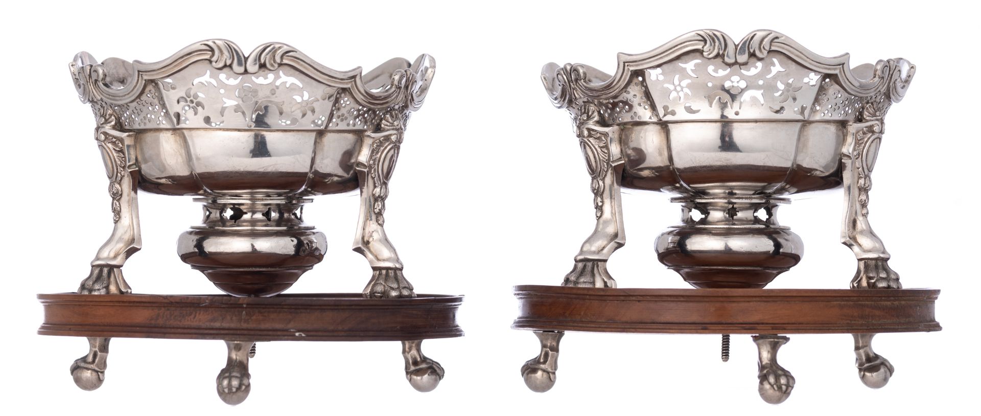 A pair of probably French 18thC Regence style silver table stoves marked with undefined hallmarks, s - Image 3 of 8