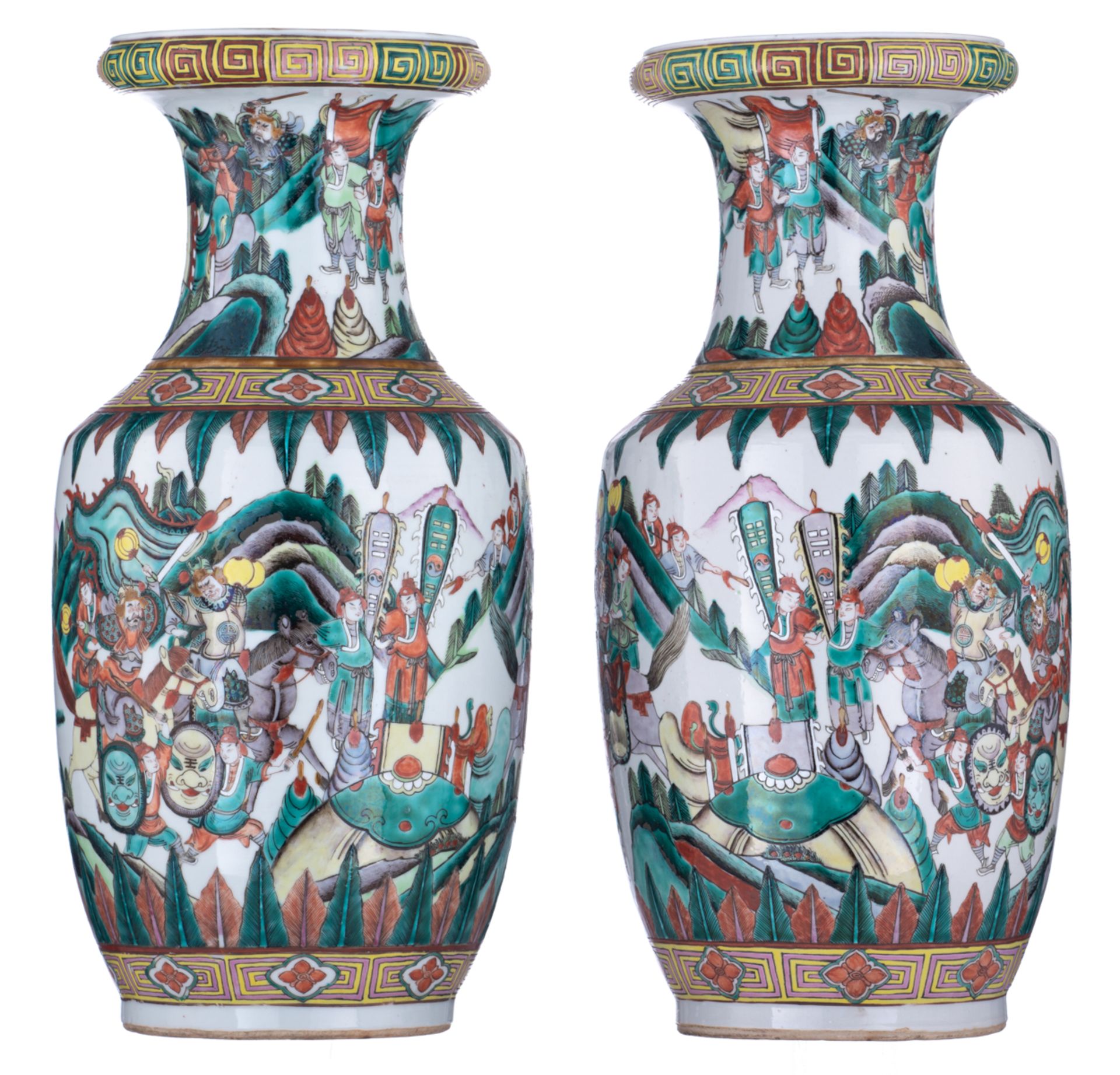 A pair of Chinese famille verte vases, decorated with a scene from 'The Romance of the Three Kingdom - Image 2 of 6