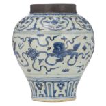 A Chinese Ming type blue and white floral decorated vase, the body with qilins, with bronze mount, H