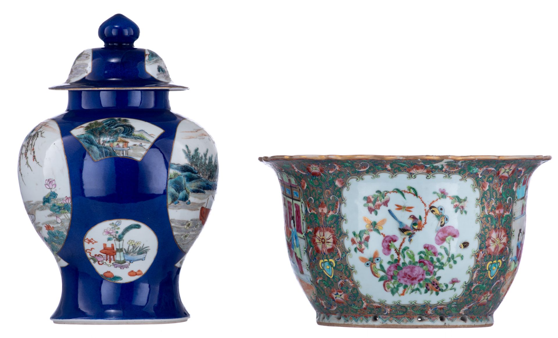 A Chinese bleu poudré vase and cover, the panels polychrome decorated with river scenes; added a dit - Image 2 of 6