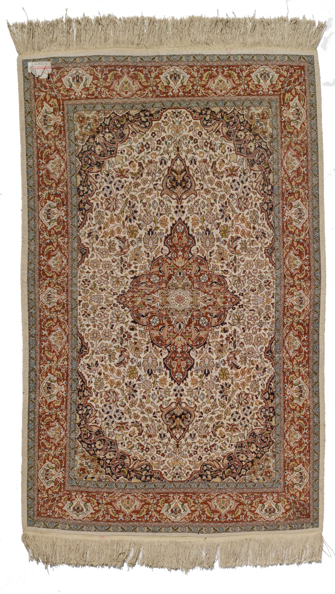 An Oriental woollen rug, decorated with hunting scènes to the center, and with animals and floral mo - Image 8 of 9