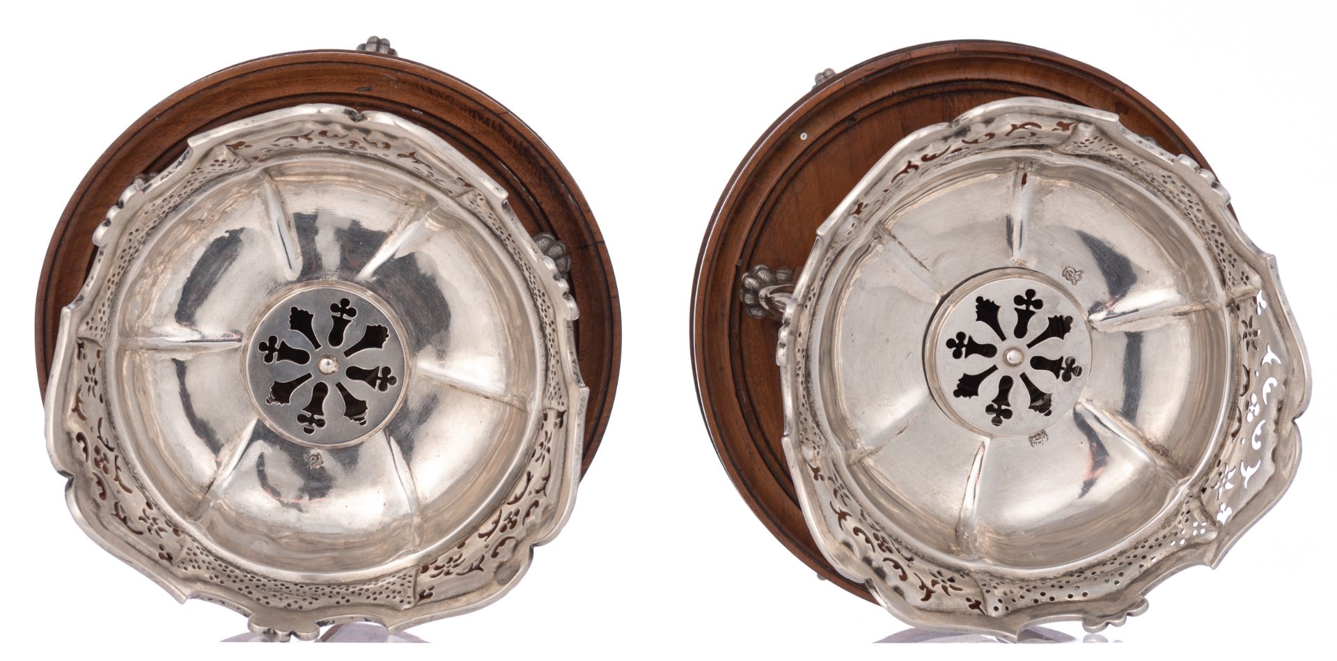 A pair of probably French 18thC Regence style silver table stoves marked with undefined hallmarks, s - Image 4 of 8