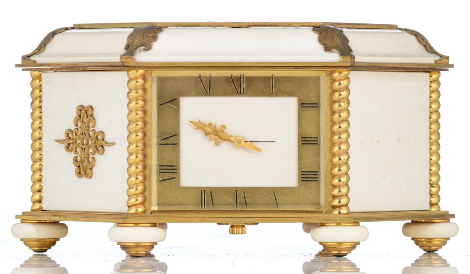 A combined hexagonal box containing a jewelry store-compartment, a table clock and a barometer, gilt - Image 2 of 9