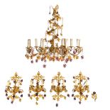 A floral-shaped gilt bronze chandelier, with a branch-shaped curled central part, and decorated with