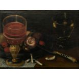 No visible signature, a still life with two goblets and various fruits, oil on panel, 20,5 x 27 cm