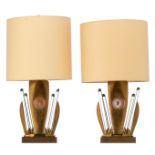 A pair of brass and glass '70s design table lamps by Willy Daro, the central medallion decorated wit