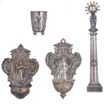 Two silver Holy Water fonts, basso-relievo decorated with the Holy Mother and Child, 18thc hallmarks