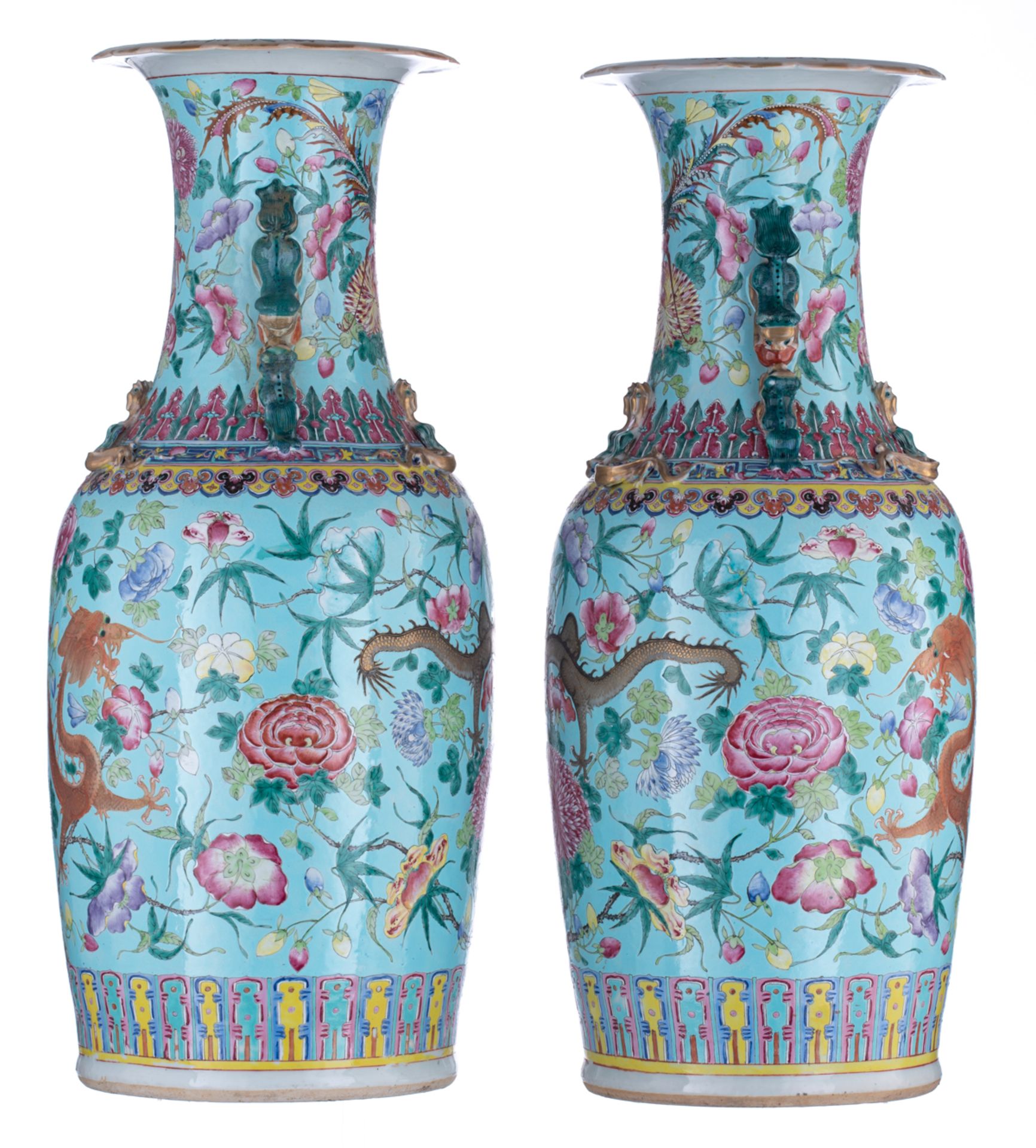 A pair of large Chinese turquoise ground and polychrome vases, decorated with flowers, dragons and p - Bild 4 aus 13