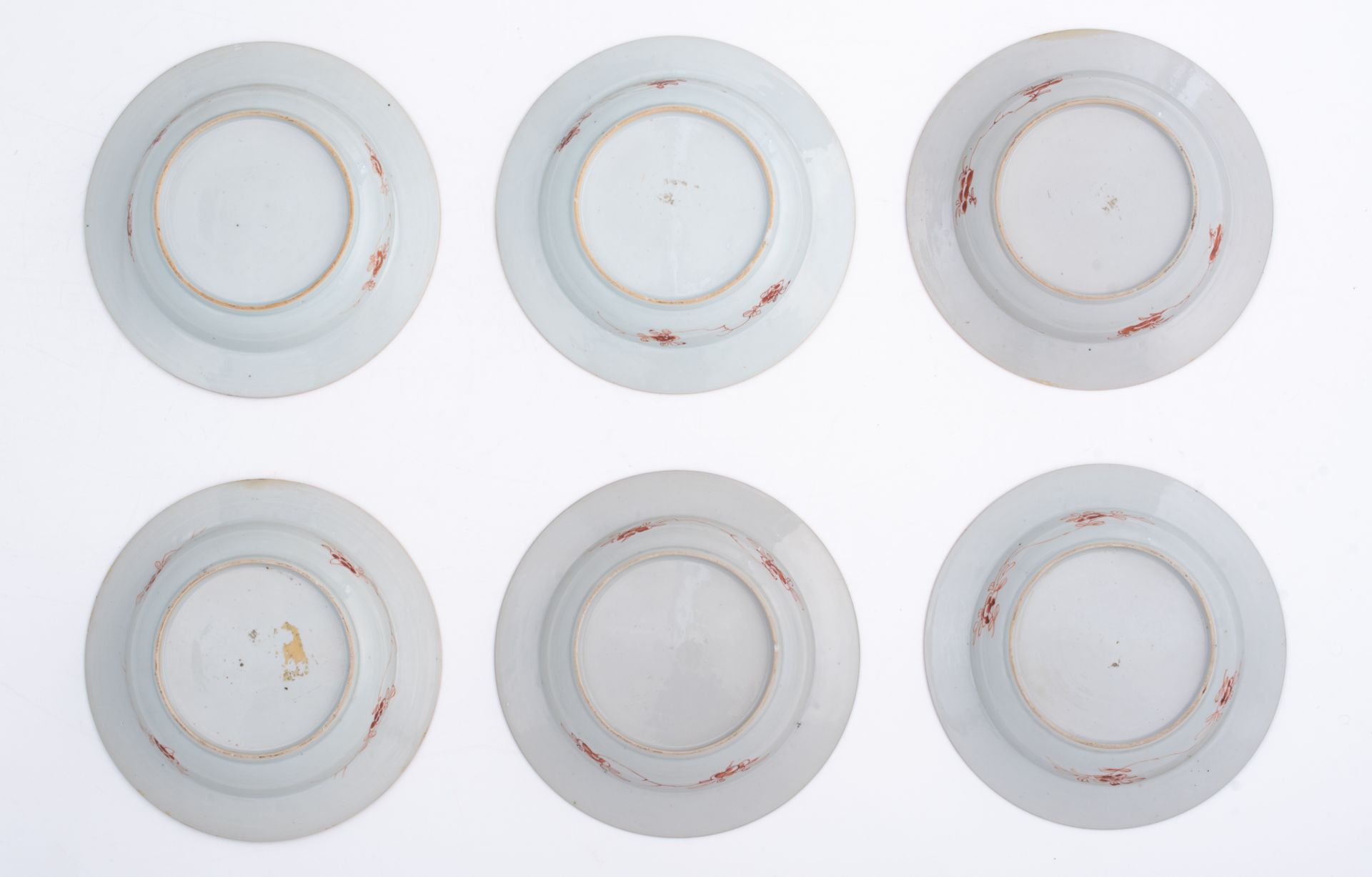 Six Chinese famille rose deep dishes, the centre decorated with birds and flowers, 18thC, ø 23 cm - Image 2 of 2