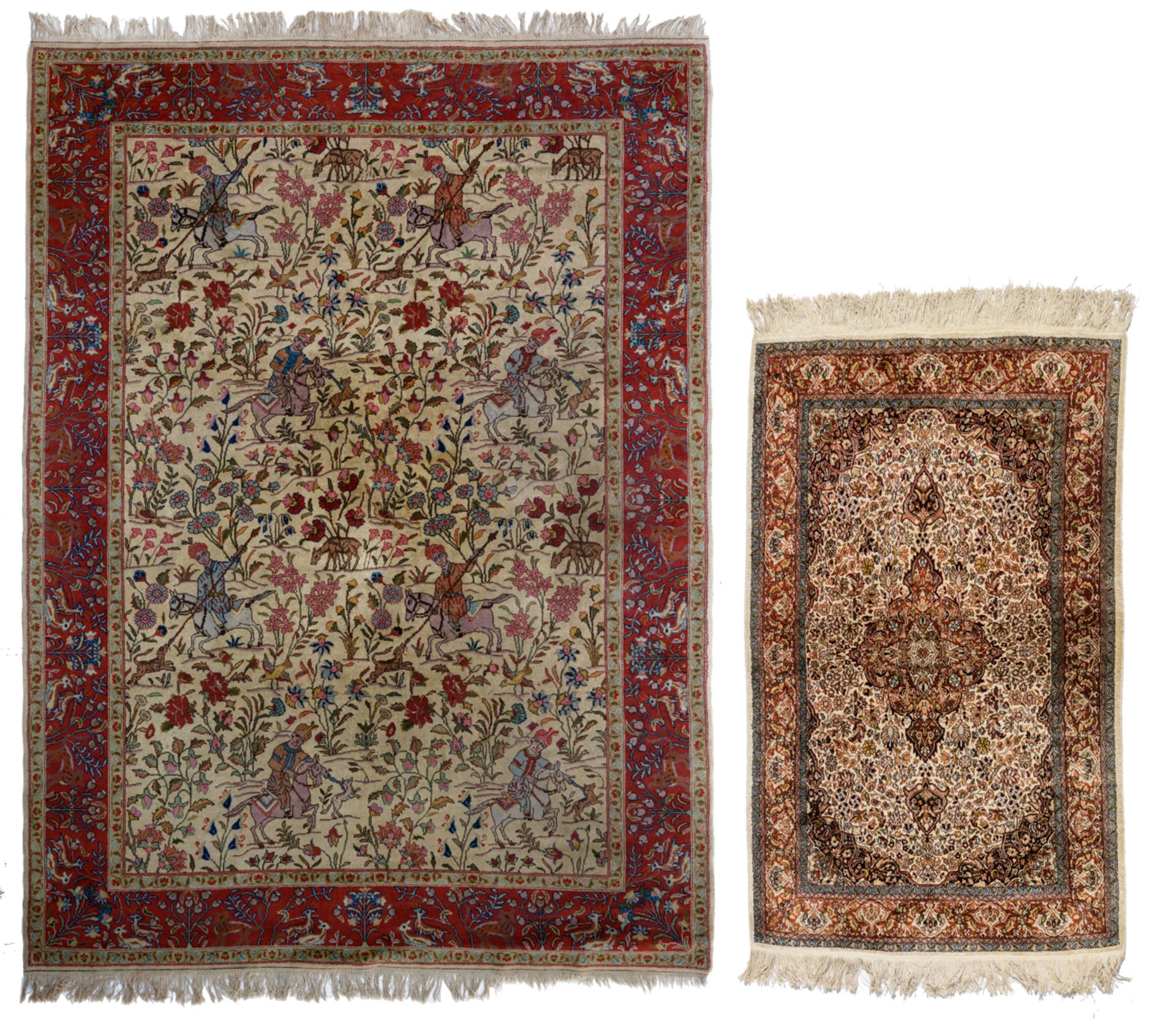 An Oriental woollen rug, decorated with hunting scènes to the center, and with animals and floral mo