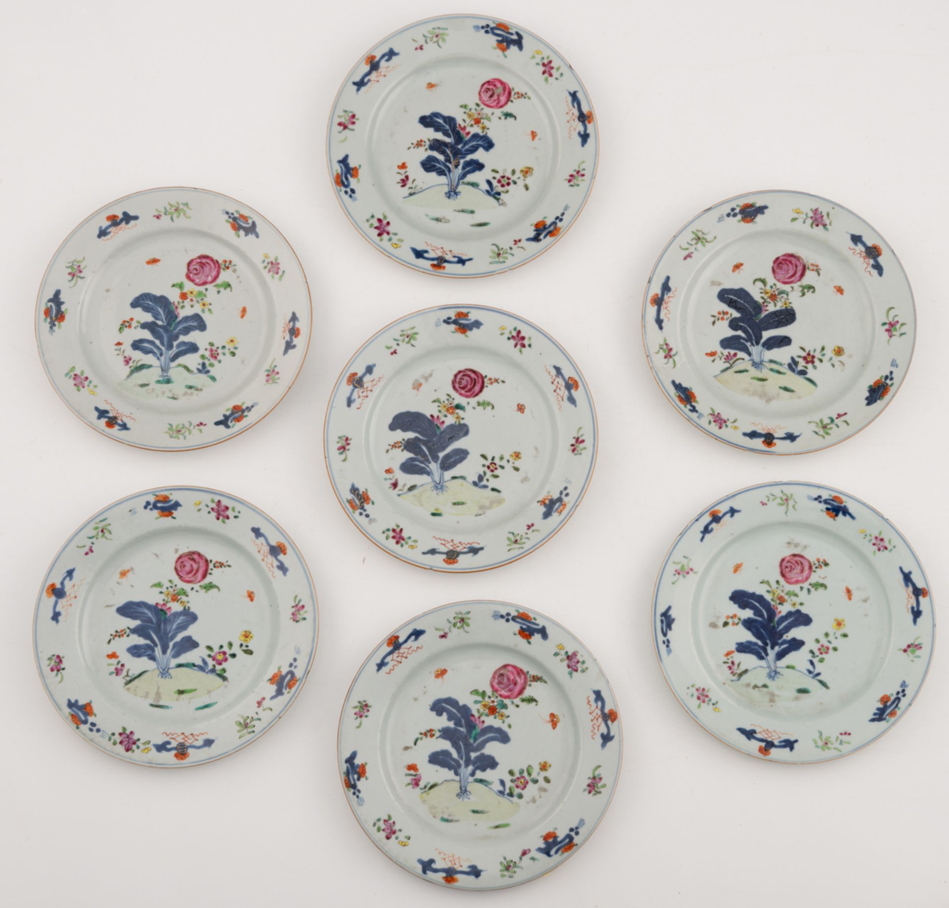 Seven Chinese famille rose floral decorated dishes; added six ditto dishes, the centre with butterfl - Image 4 of 5