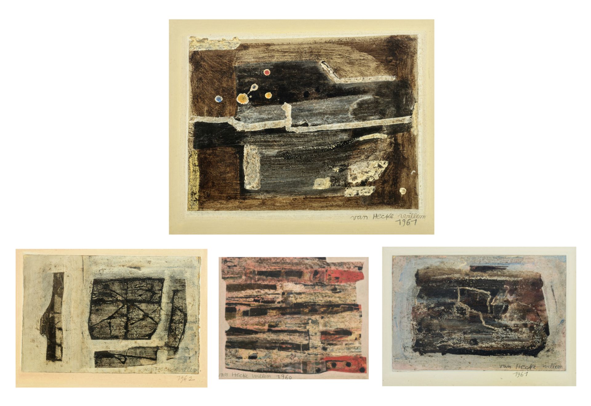 Van Hecke W., four untitled works, dated 1960, 1961, 1961 and 1962, mixed media, 21 x 25 - 40 x 50 c