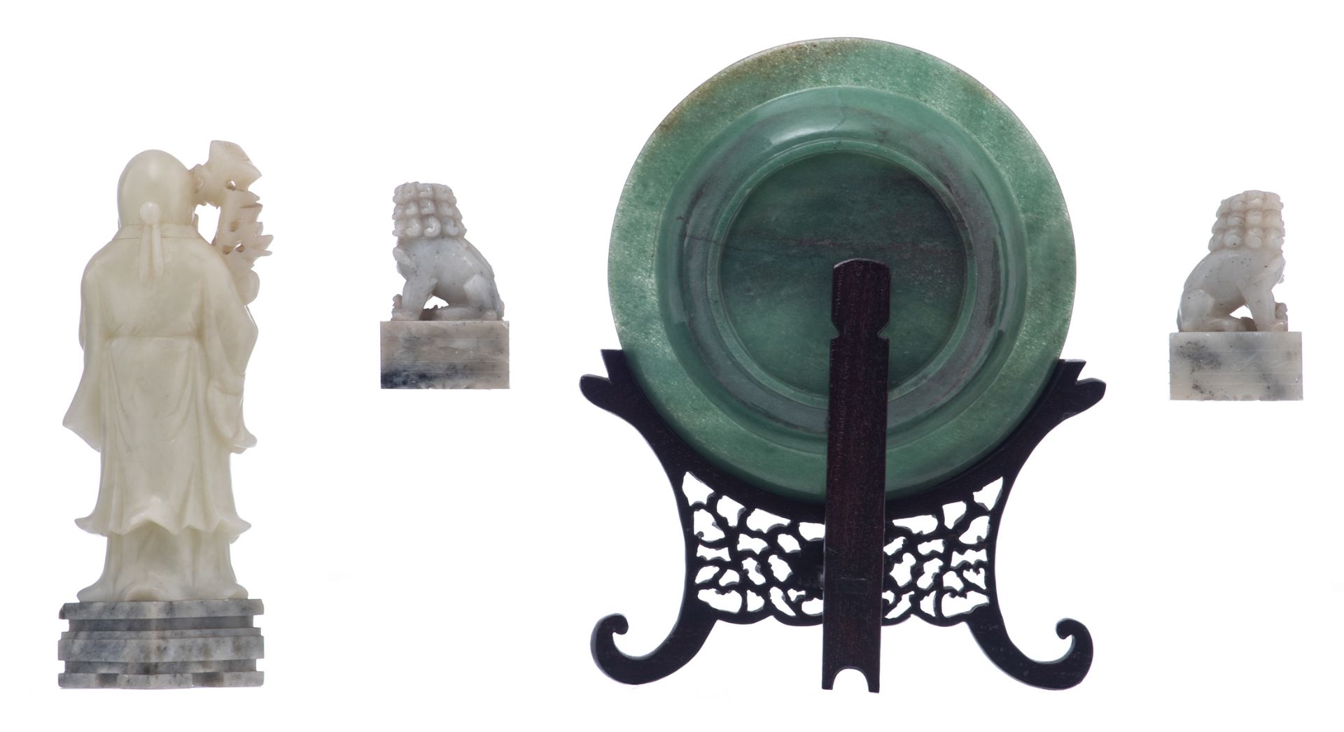 A Chinese spinach jade dish on a sculpted wooden stand; added a ditto pale jade sculpture, depicting - Image 3 of 7