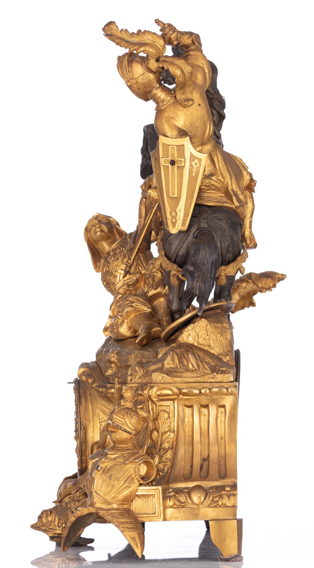 A gilt and patinated bronze mantle clock 'à sujèt', on top a crusader fighting a Moorish soldier, de - Image 2 of 10