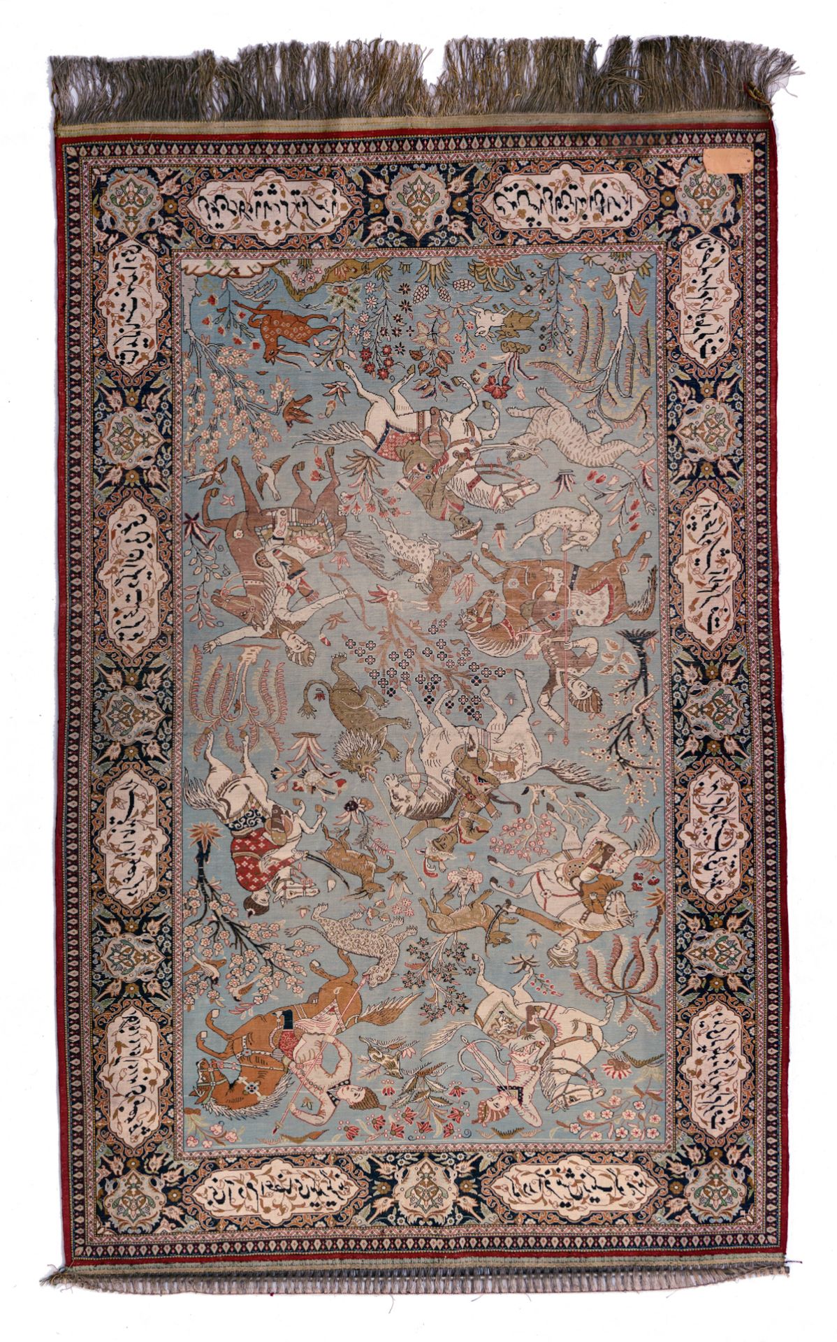 An Oriental woollen rug, decorated with hunting scènes and with inscriptions to the borders, 133 x 2 - Image 2 of 5