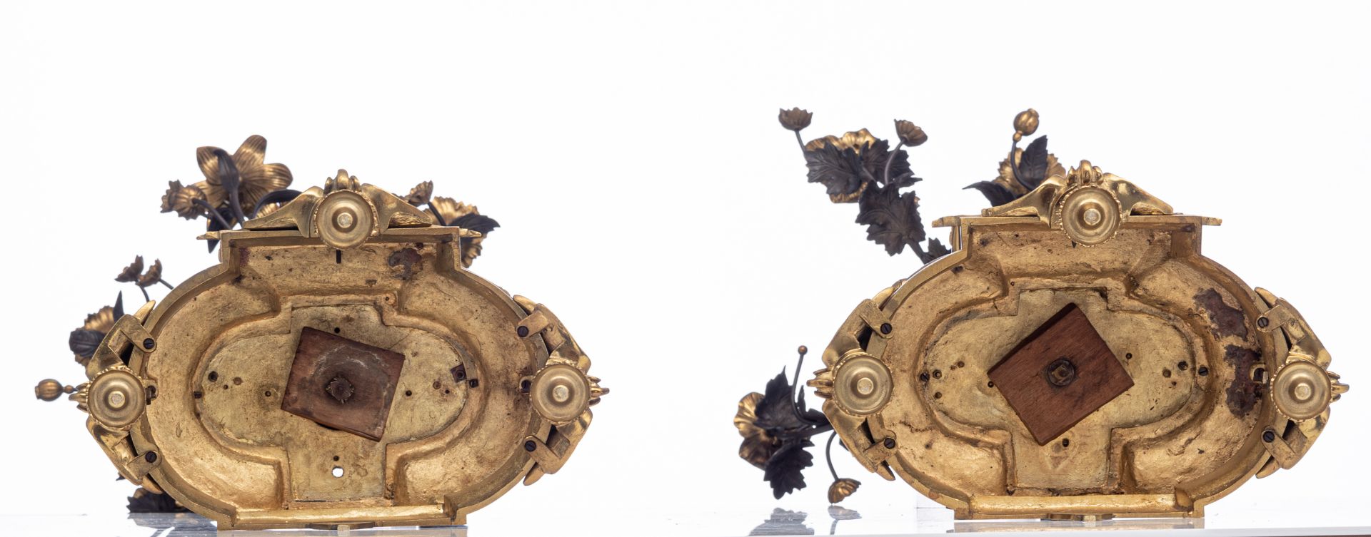 An imposing gilt and patinated bronze Neoclassical three-piece mantle clock garniture, the clock dec - Image 9 of 9