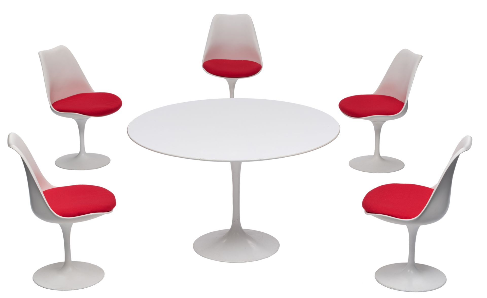 A dining set of a Tulip table and five Tulip chairs, design by Eero Saarinen for Knoll International
