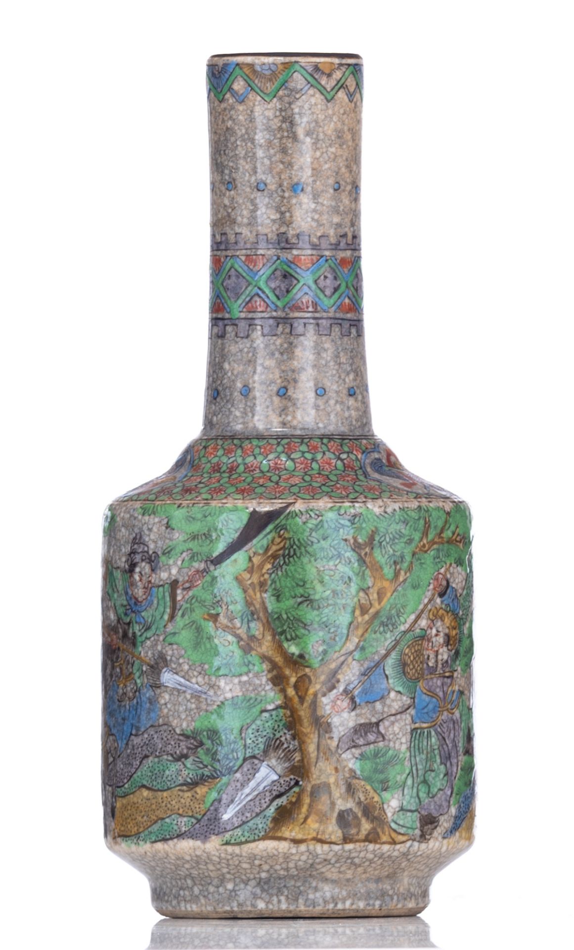 A Chinese polychrome stoneware vase, overall decorated with warrior scenes, H 22,5 cm - Image 3 of 7