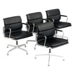 A set of four polished aluminium and black leather upholstered EA208 soft pad chairs, design by Char