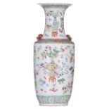 A Chinese famille rose vase, overall decorated with 'one hundred antiquities', the handles Fu lion '