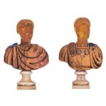The portrait of Roman emperors after the antique, two decorative busts, amber stone on a marble base