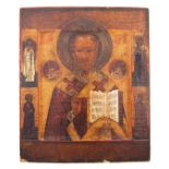 A Russian icon depicting Saint Nicholas of Myra surrounded by Christ, the Holy Mary and four patron