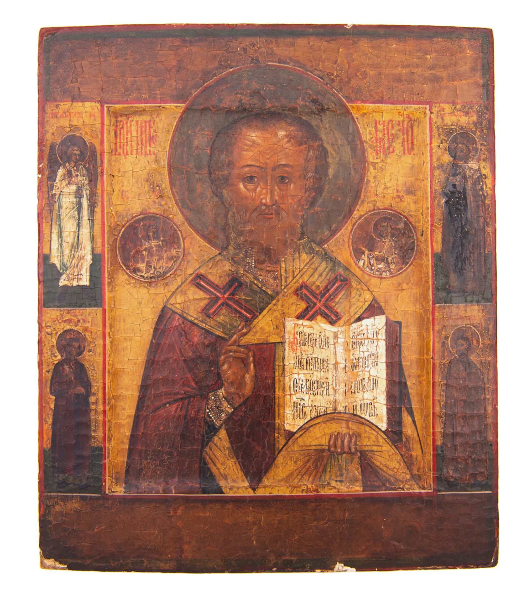 A Russian icon depicting Saint Nicholas of Myra surrounded by Christ, the Holy Mary and four patron