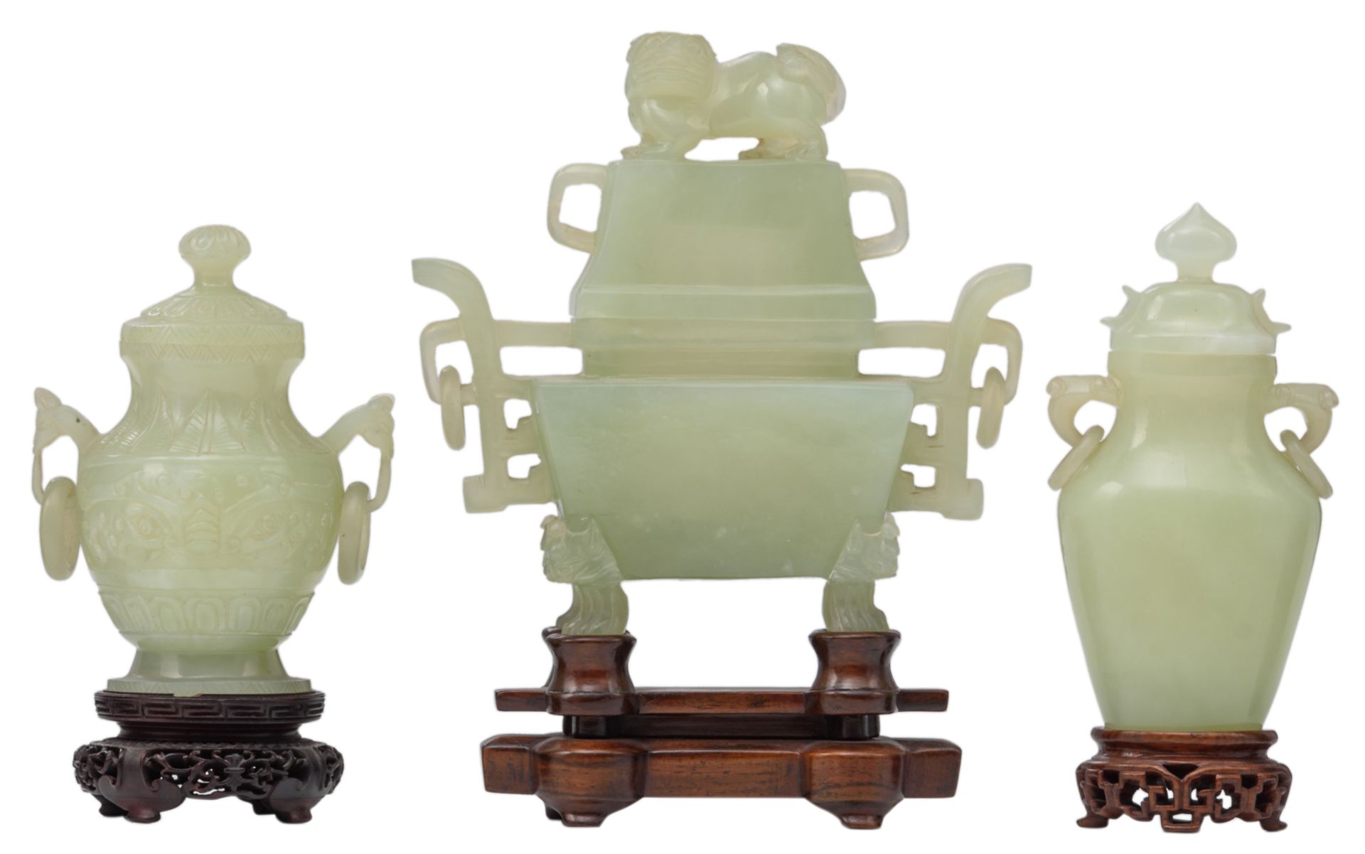 Three Chinese carved green jade vases and covers, Qing dynasty; added a Chinese carved smoky quartz - Image 2 of 14