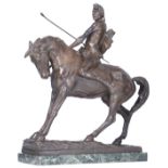 A.P. Proctor, an Indian warrior on horseback, brown patinated bronze on a vert de mer marble base, H