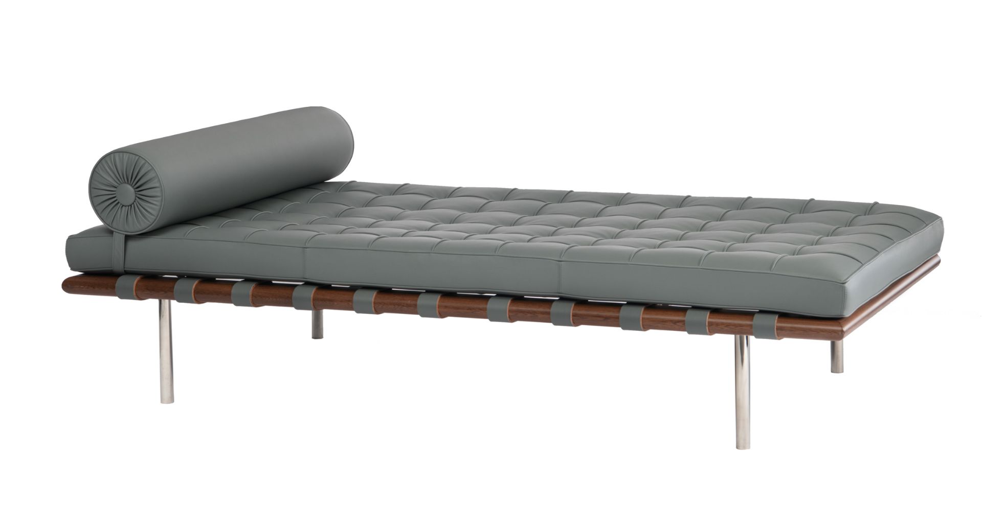 A grey leather upholstered Barcelona daybed, design by Ludwig Mies van der Rohe for Knoll Internatio