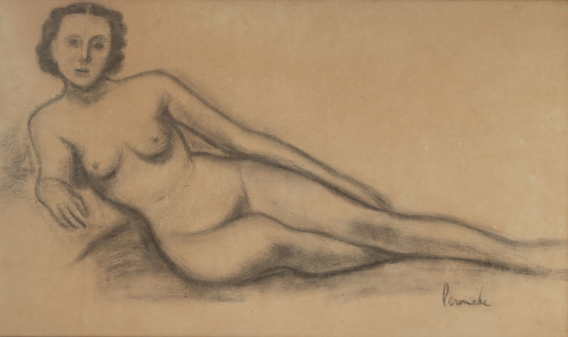 Permeke C., a lying female nude, charcoal on paper, 88 x 148 cm