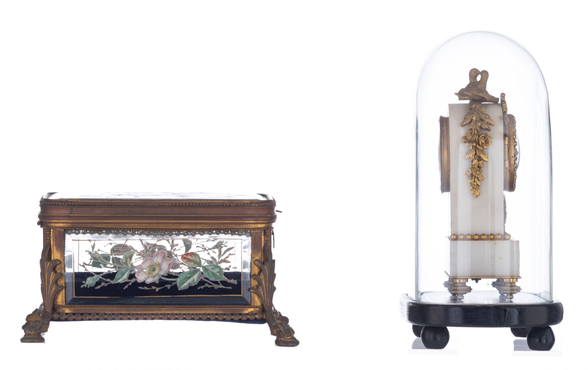 A French rectangular glass and brass mounted jewelry storage box, the glass with biased margins and - Image 5 of 12