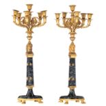 A pair of vert de mer marble and gilt bronze caryatid-shaped Empire style candelabras, H 70 cm